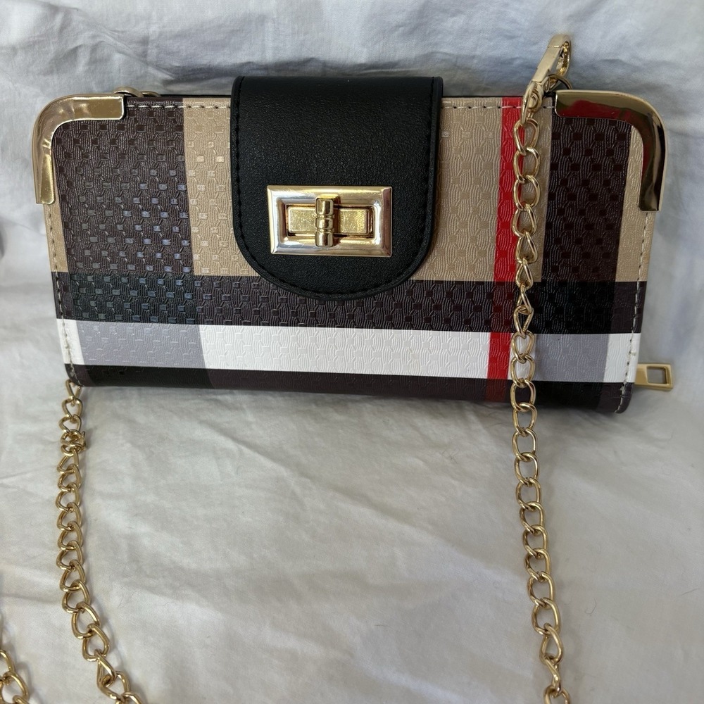 Plaid Checker Crossbody Wallet Gold Chain Cubism Plaid Plasticism Wristlet